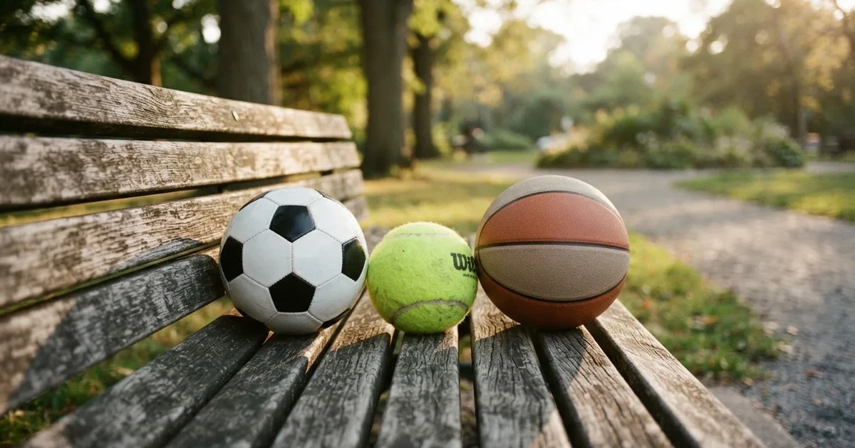 Drie ballen van verschillende soorten naast elkaar op een houten bank