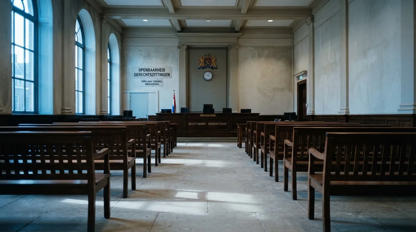 Een lege rechtszaal met houten banken in het ochtendlicht