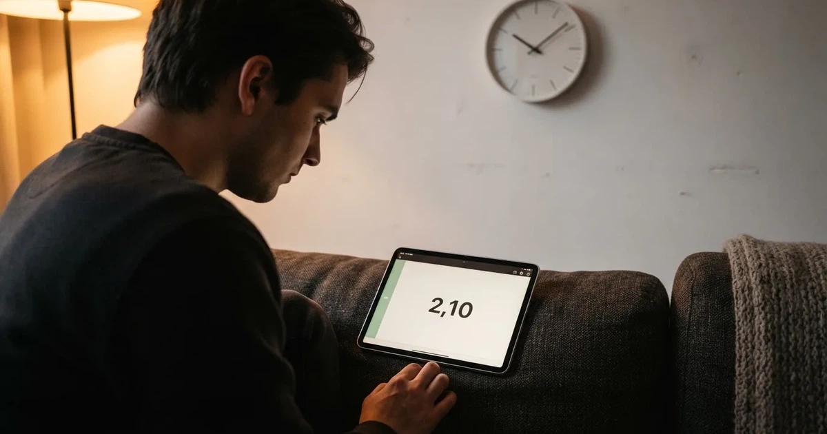 Een persoon op de bank kijkt peinzend naar een tablet, op de achtergrond een klok aan de muur