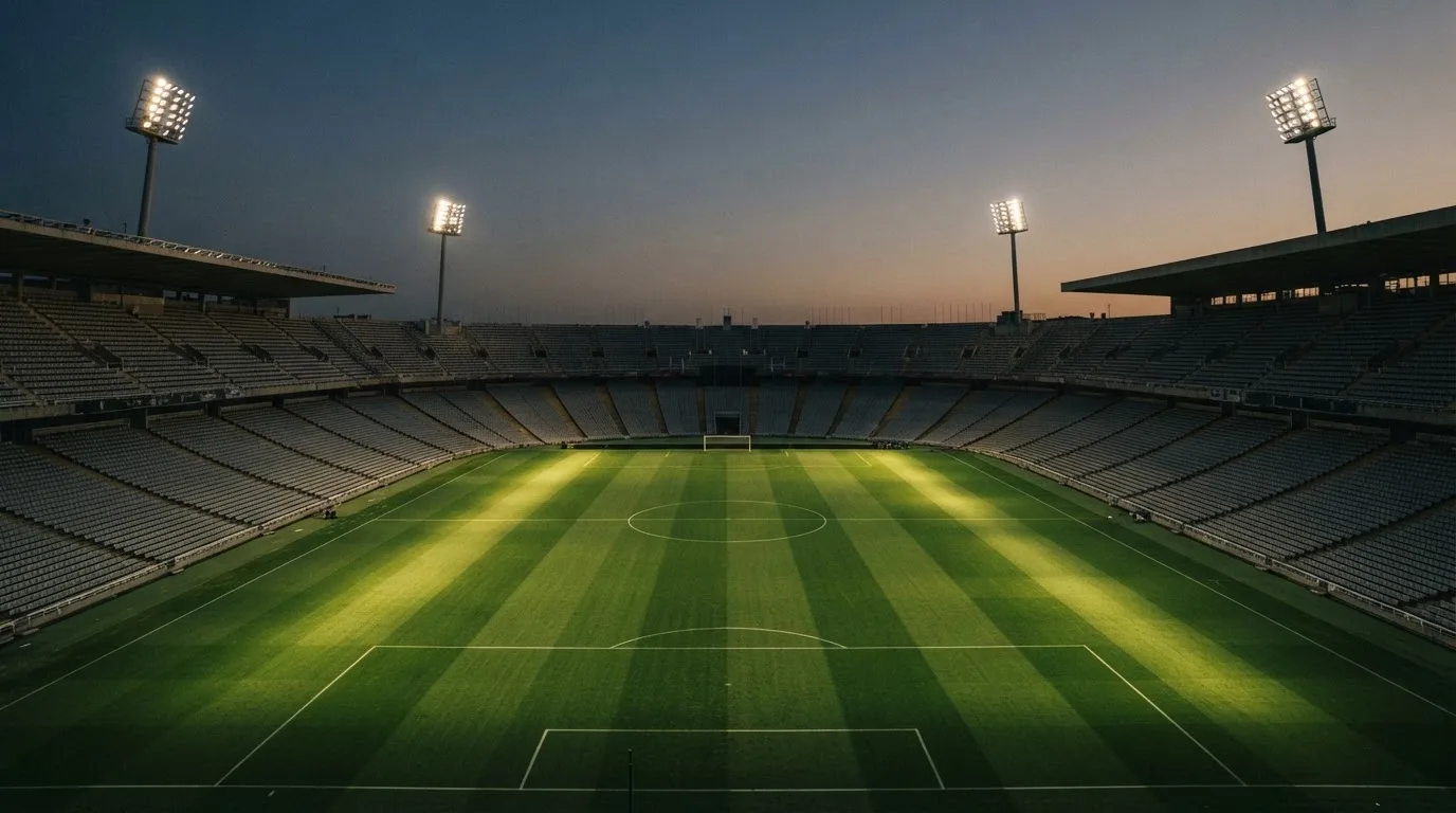 Een leeg voetbalstadion met lichtmasten bij schemering