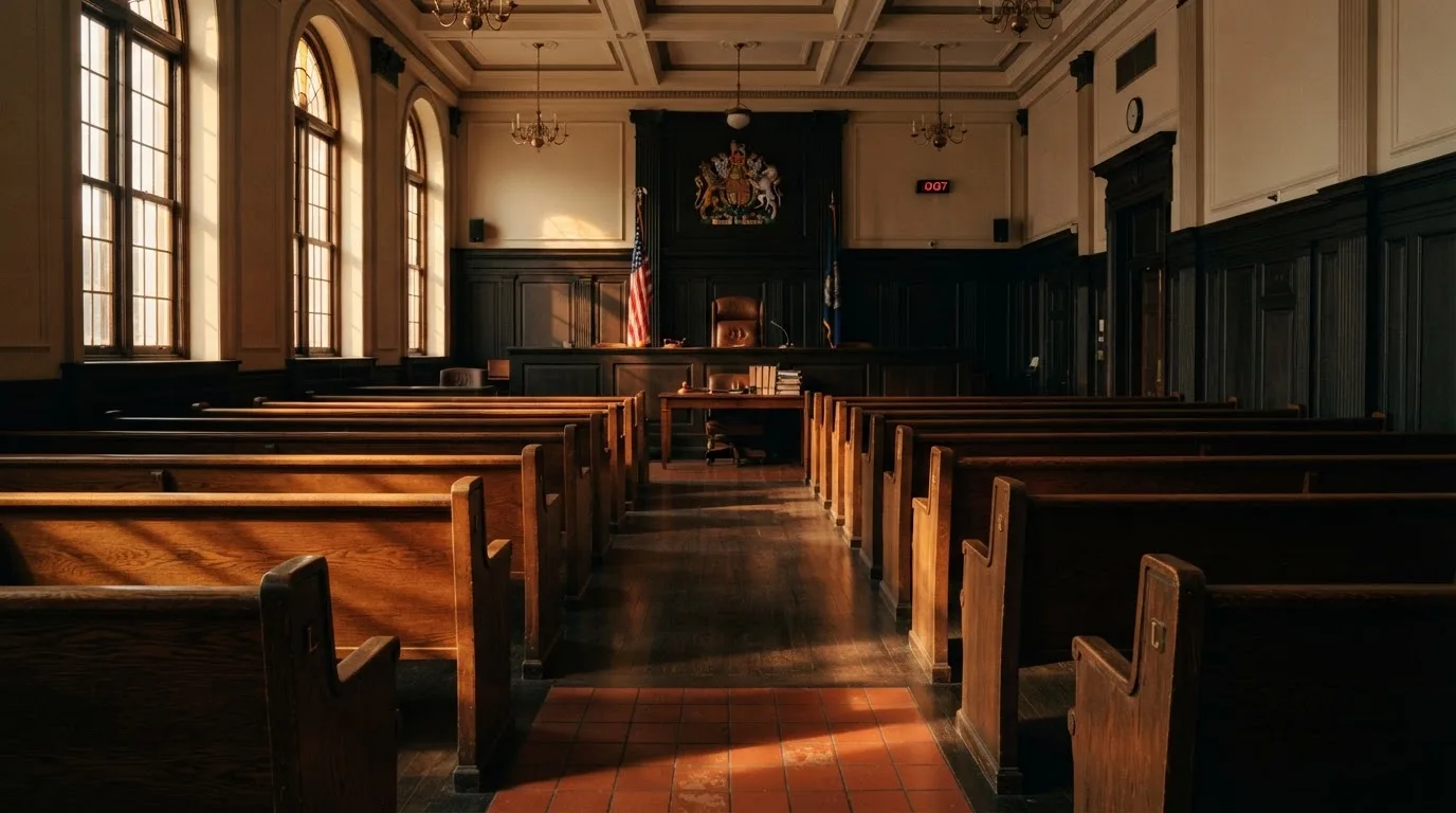 Een lege rechtszaal met houten banken in het ochtendlicht