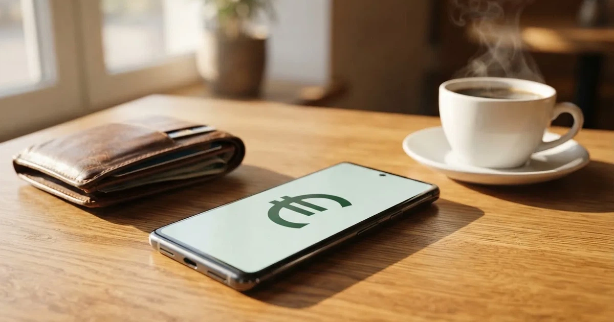 Een smartphone op een houten tafel naast een portemonnee en een kopje koffie