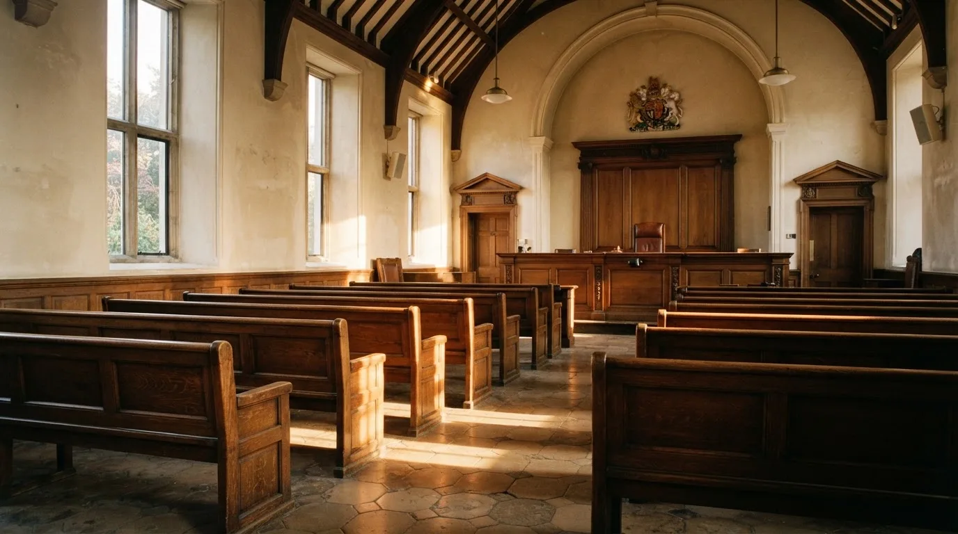 Een lege rechtszaal met houten banken in het ochtendlicht