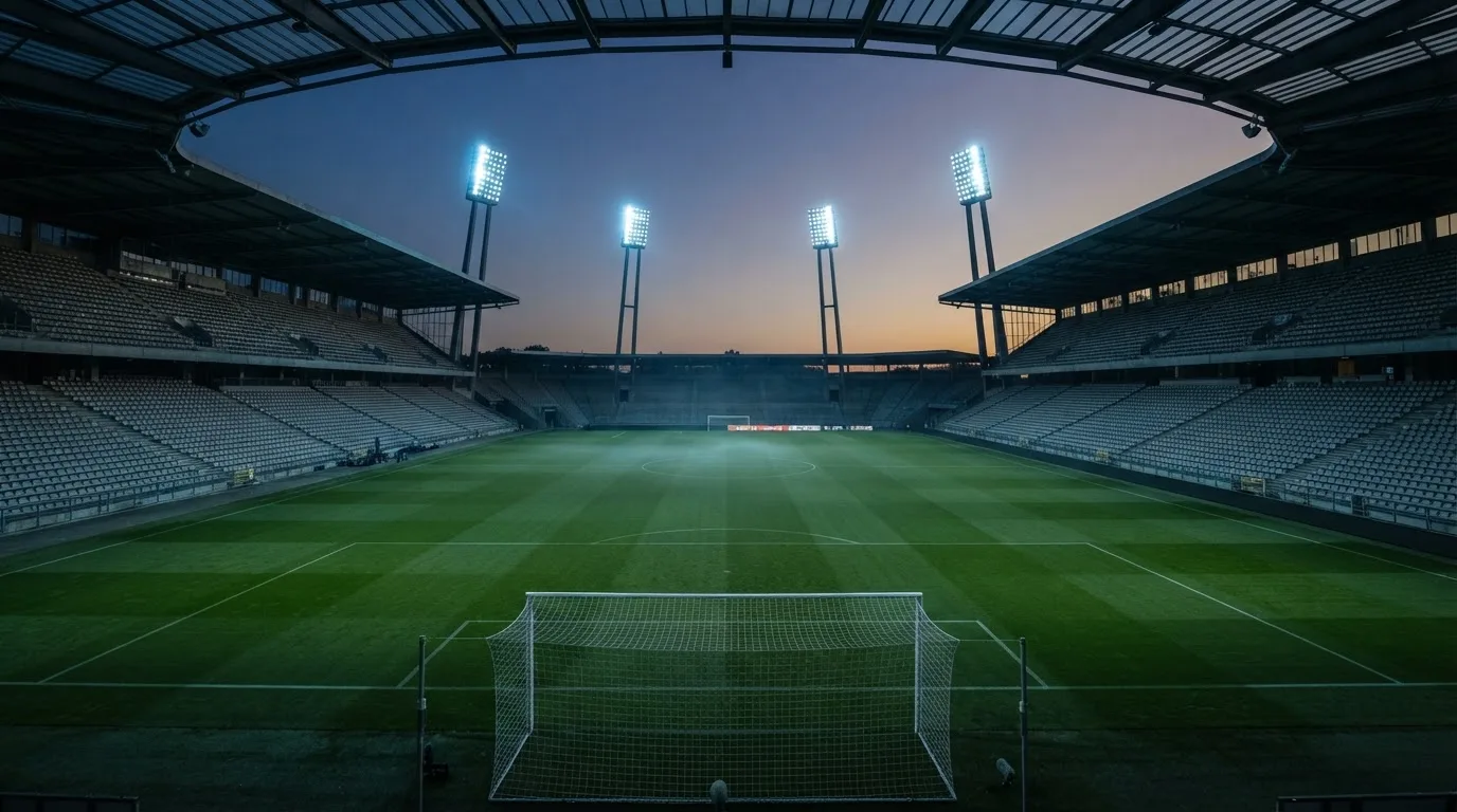 Een leeg voetbalstadion met lichtmasten bij schemering