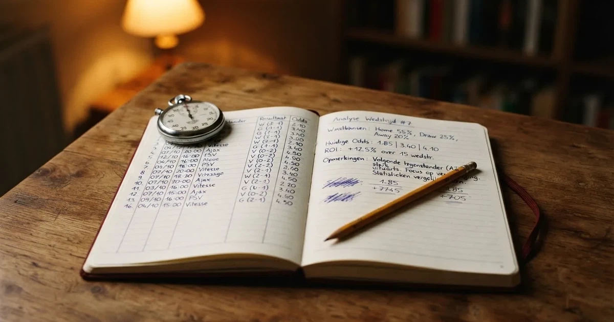 Een opengeslagen notitieboek met een potlood en een stopwatch op een houten tafel