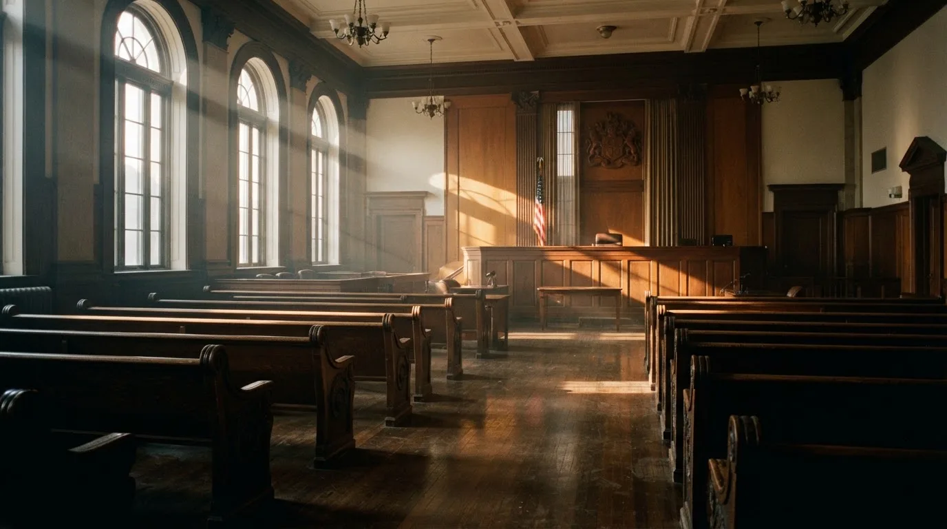 Een lege rechtszaal met houten banken in het ochtendlicht