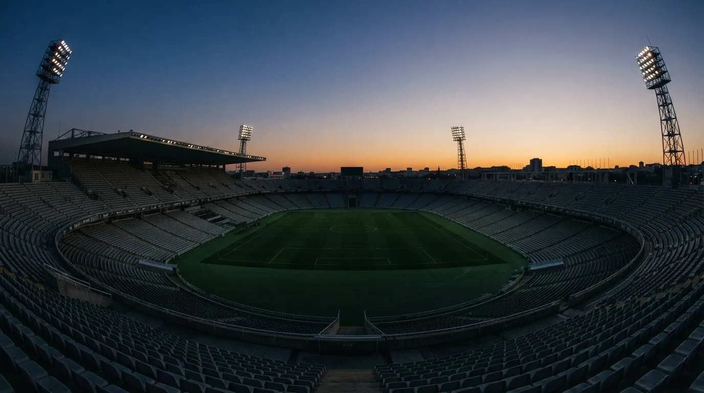 Een leeg voetbalstadion met lichtmasten bij schemering
