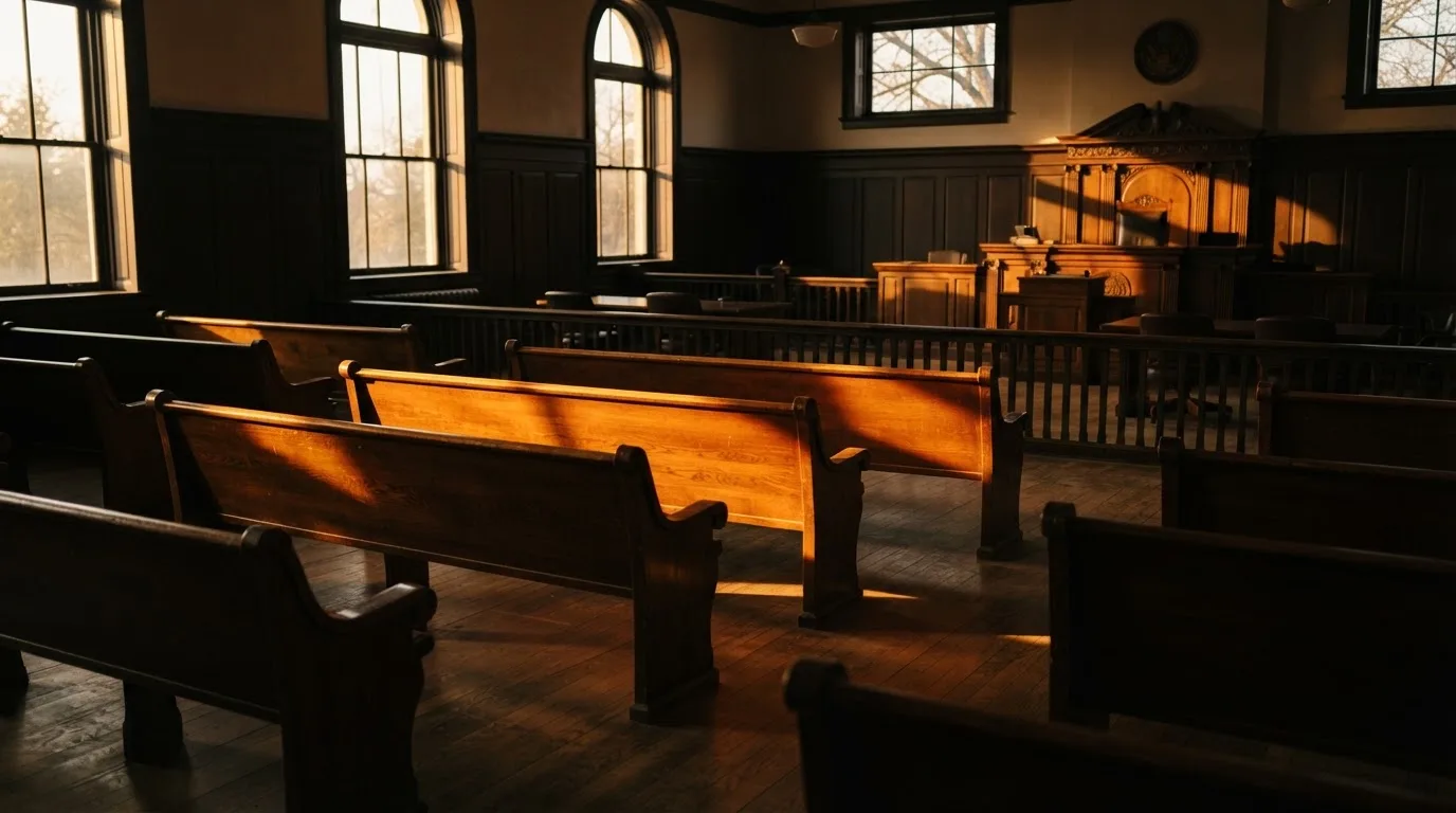Een lege rechtszaal met houten banken in het ochtendlicht