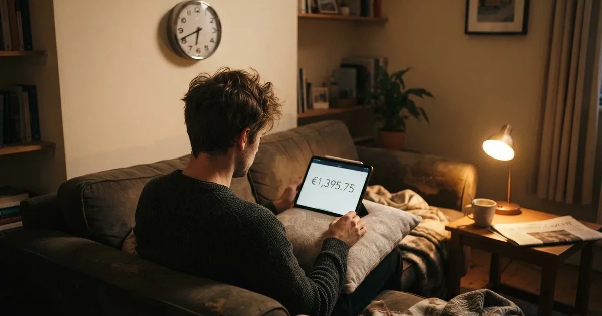 Een persoon op de bank kijkt peinzend naar een tablet, op de achtergrond een klok aan de muur