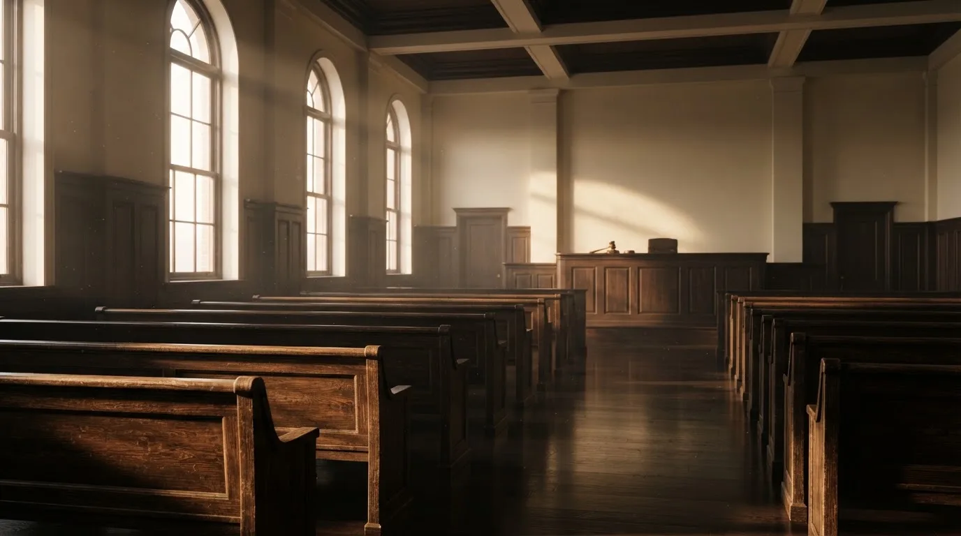 Een lege rechtszaal met houten banken in het ochtendlicht