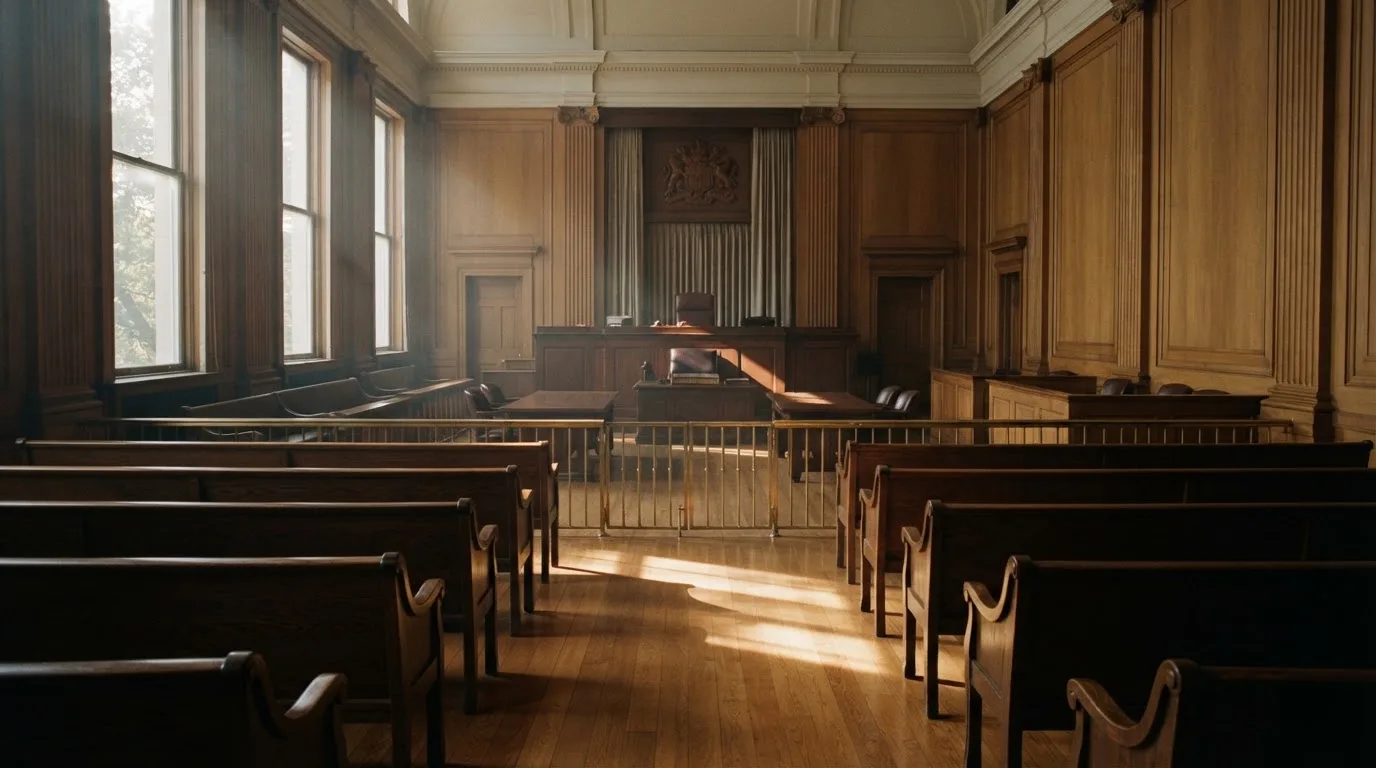 Een lege rechtszaal met houten banken in het ochtendlicht