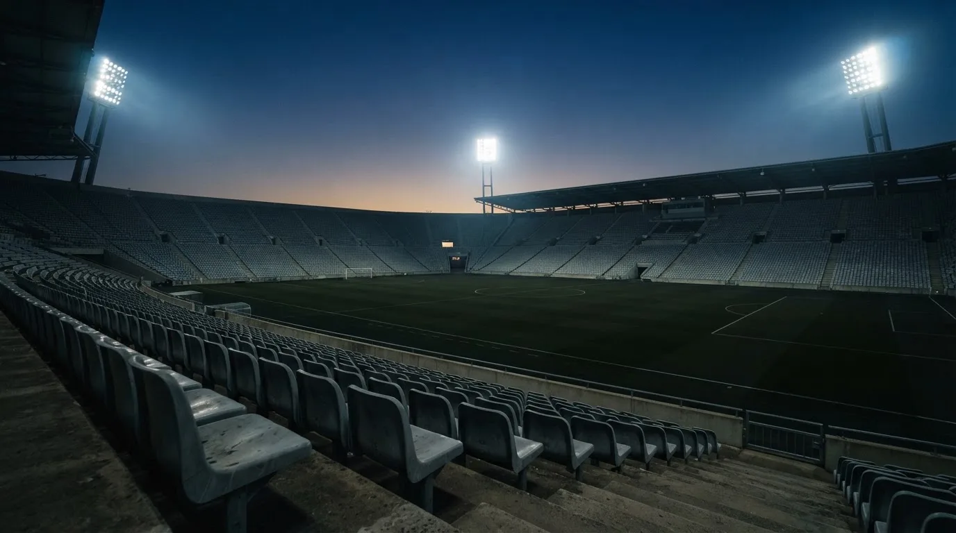 Een leeg voetbalstadion met lichtmasten bij schemering