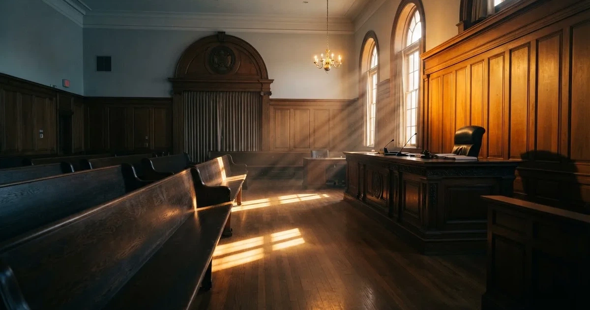 Een lege rechtszaal met houten banken in het ochtendlicht