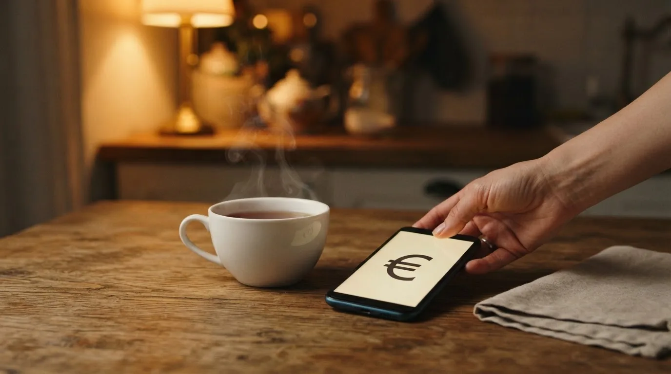 Een hand legt een smartphone naast een kopje thee op een keukentafel, een rustige avond