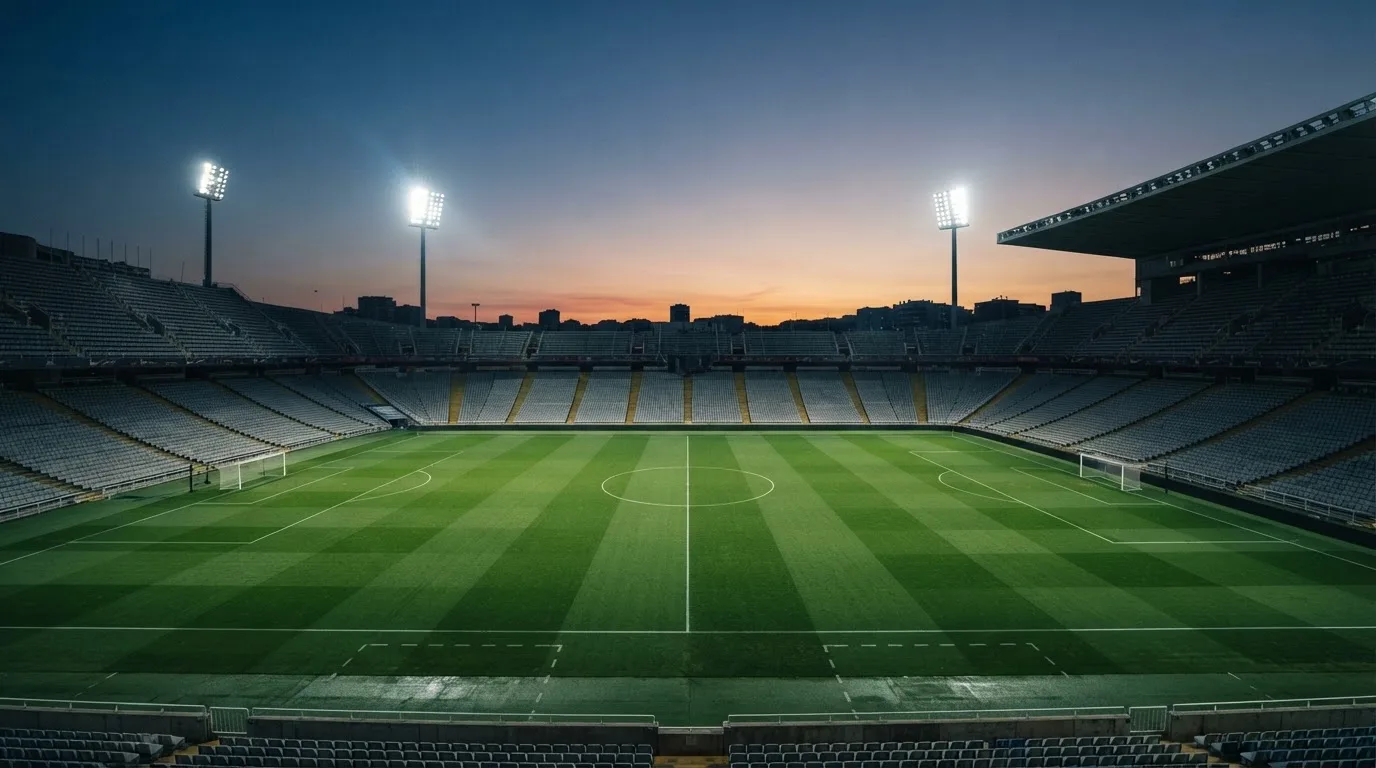 Een leeg voetbalstadion met lichtmasten bij schemering