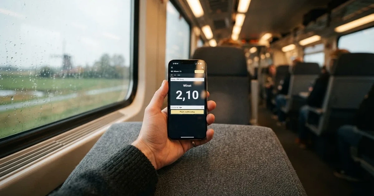 Een hand houdt een smartphone vast in de trein, het scherm van de camera afgewend