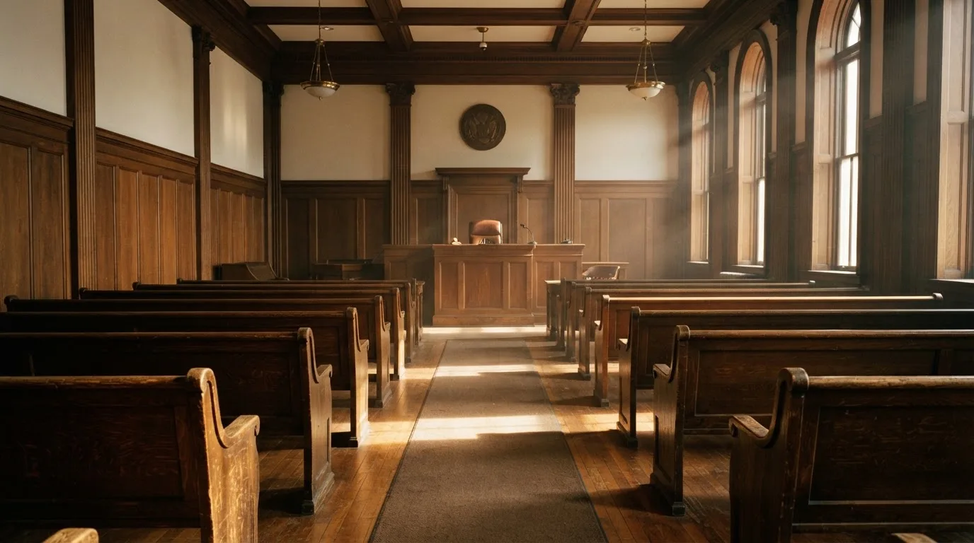 Een lege rechtszaal met houten banken in het ochtendlicht