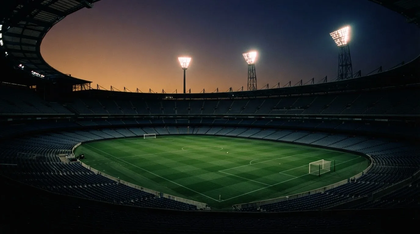 Een leeg voetbalstadion met lichtmasten bij schemering