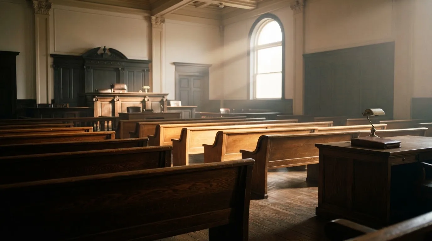 Een lege rechtszaal met houten banken in het ochtendlicht