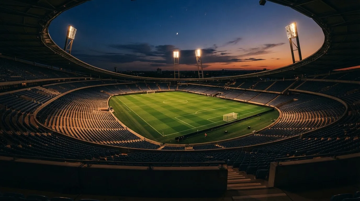 Een leeg voetbalstadion met lichtmasten bij schemering