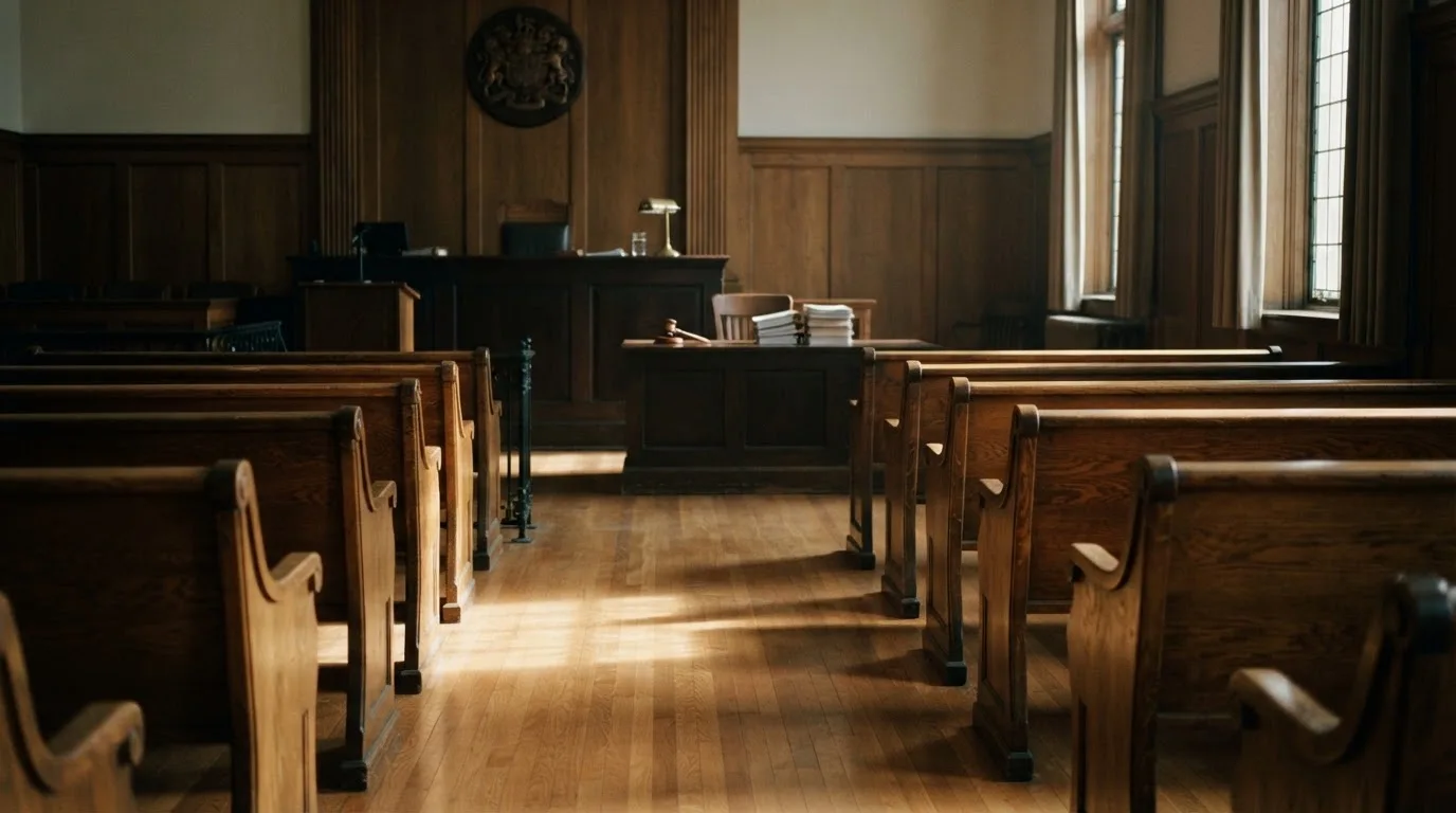Een lege rechtszaal met houten banken in het ochtendlicht