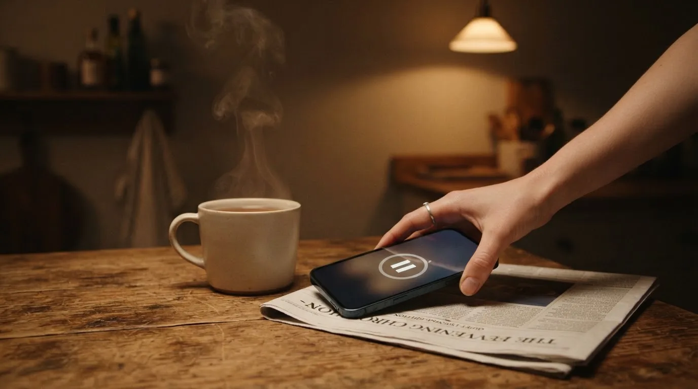 Een hand legt een smartphone naast een kopje thee op een keukentafel, een rustige avond