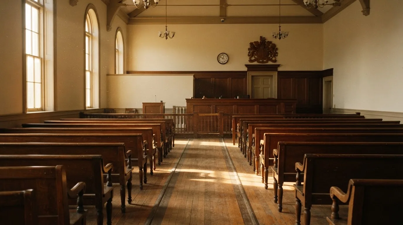 Een lege rechtszaal met houten banken in het ochtendlicht