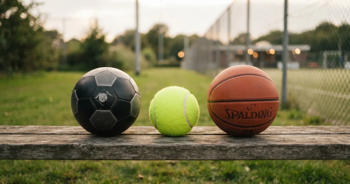 Drie ballen van verschillende soorten naast elkaar op een houten bank