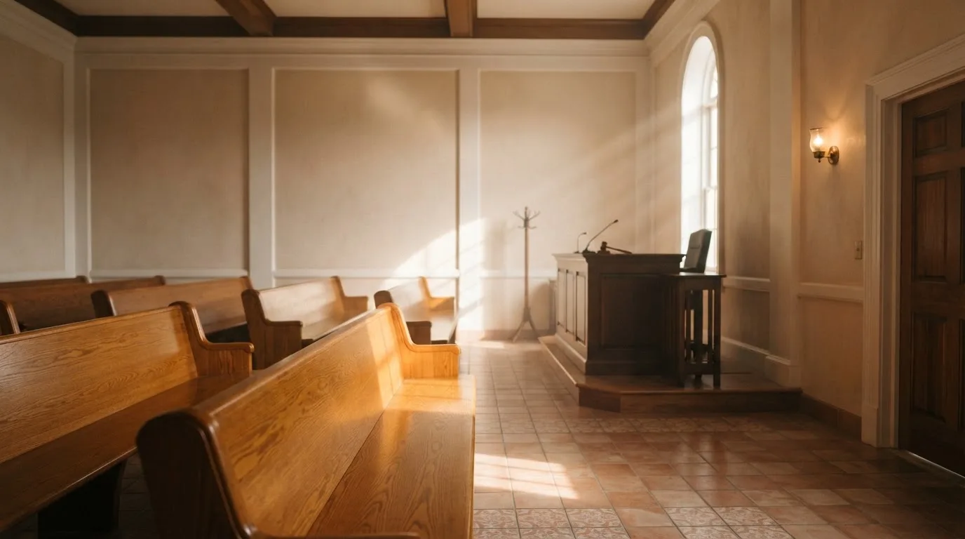 Een lege rechtszaal met houten banken in het ochtendlicht