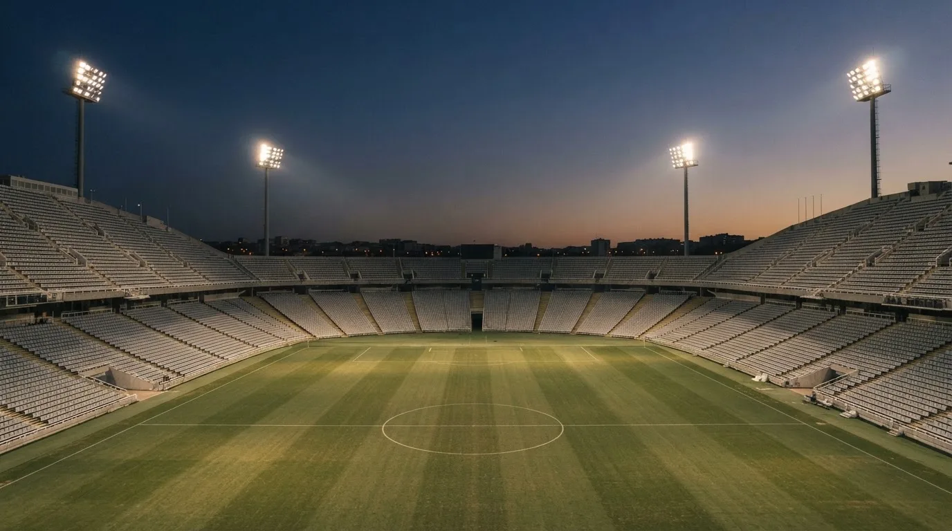 Een leeg voetbalstadion met lichtmasten bij schemering