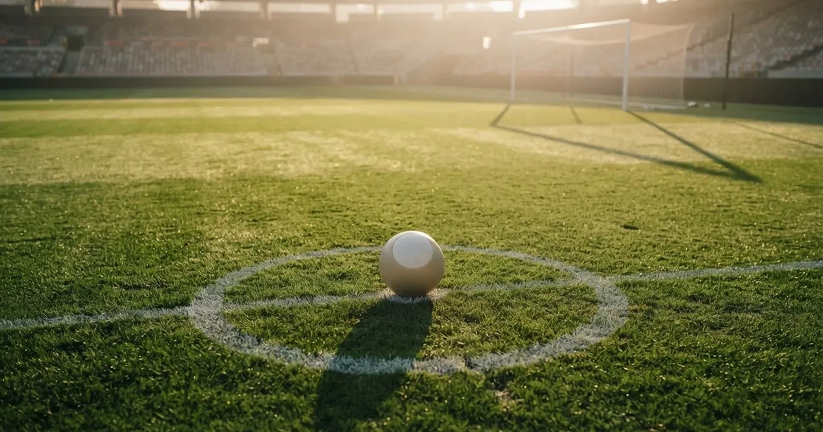 Een voetbal op de middenstip van een grasveld in het ochtendlicht