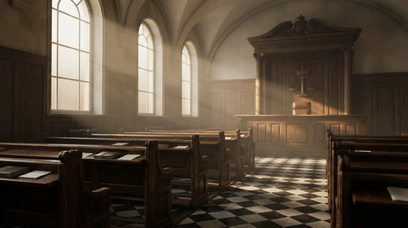 Een lege rechtszaal met houten banken in het ochtendlicht