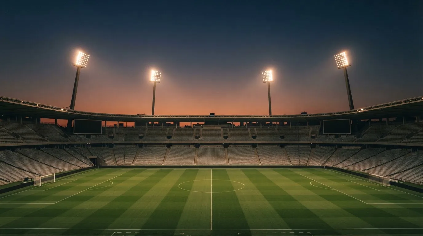 Een leeg voetbalstadion met lichtmasten bij schemering