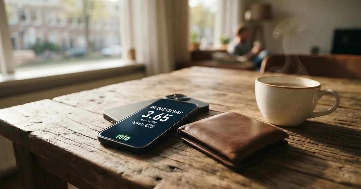 Een smartphone op een houten tafel naast een portemonnee en een kopje koffie
