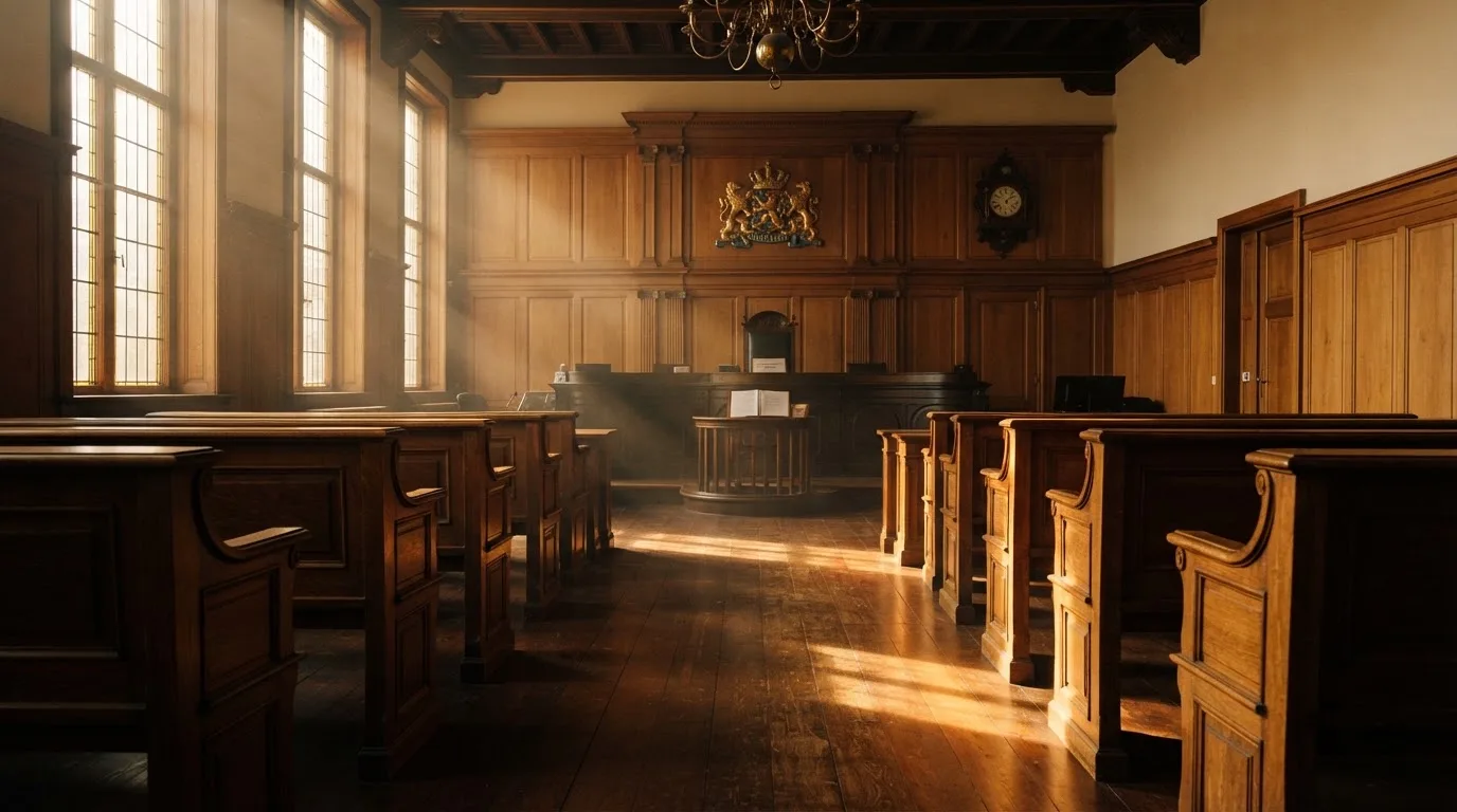 Een lege rechtszaal met houten banken in het ochtendlicht