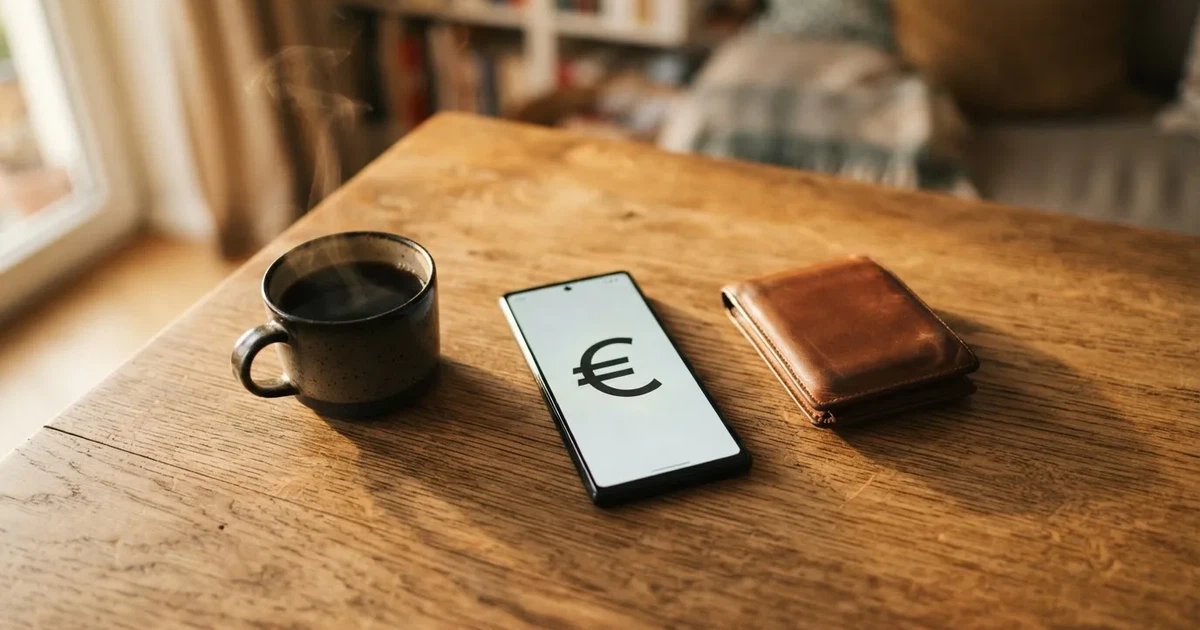 Een smartphone op een houten tafel naast een portemonnee en een kopje koffie