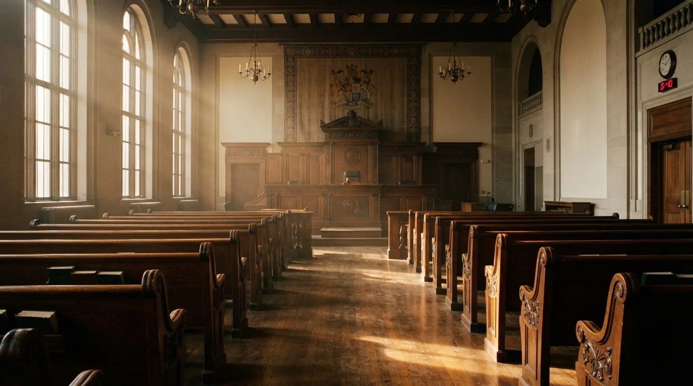 Een lege rechtszaal met houten banken in het ochtendlicht