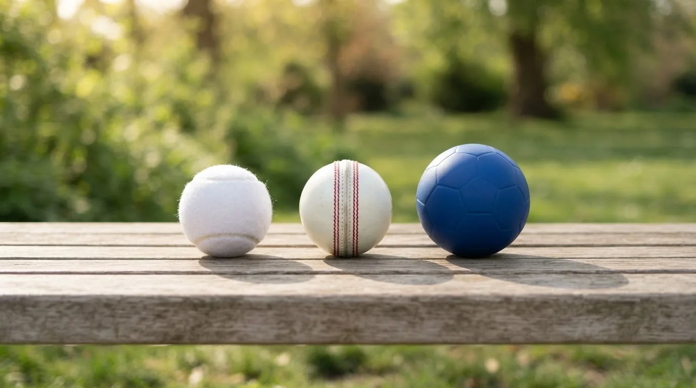 Drie ballen van verschillende soorten naast elkaar op een houten bank