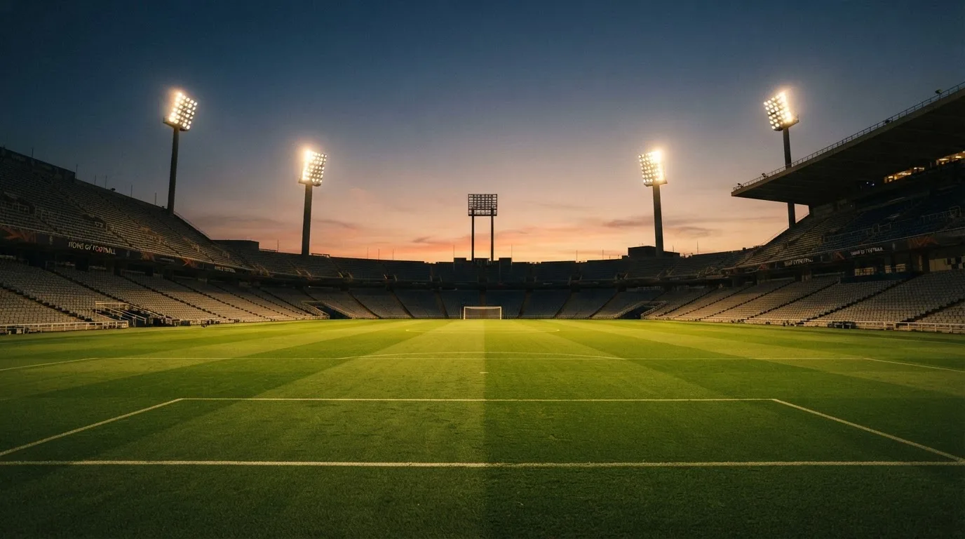 Een leeg voetbalstadion met lichtmasten bij schemering