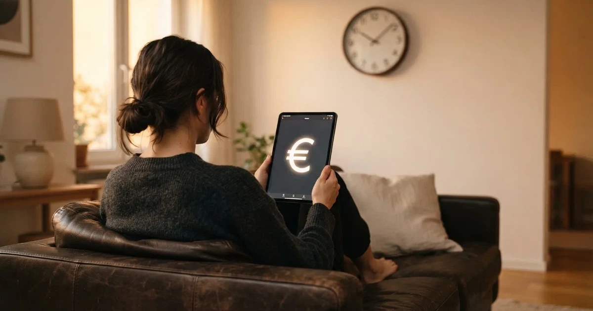 Een persoon op de bank kijkt peinzend naar een tablet, op de achtergrond een klok aan de muur