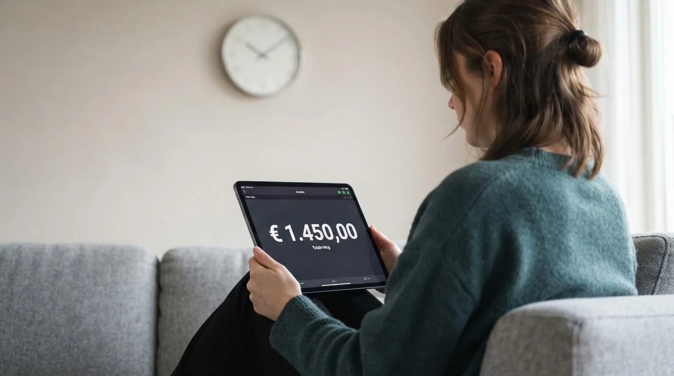 Een persoon op de bank kijkt peinzend naar een tablet, op de achtergrond een klok aan de muur