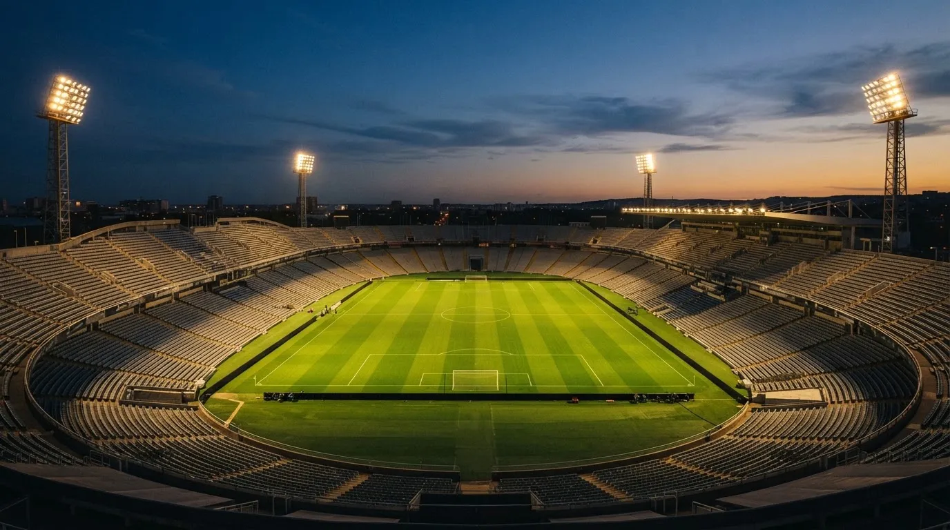 Een leeg voetbalstadion met lichtmasten bij schemering