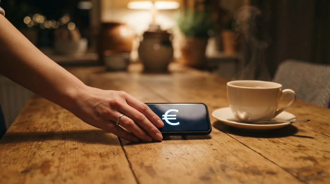 Een hand legt een smartphone naast een kopje thee op een keukentafel, een rustige avond