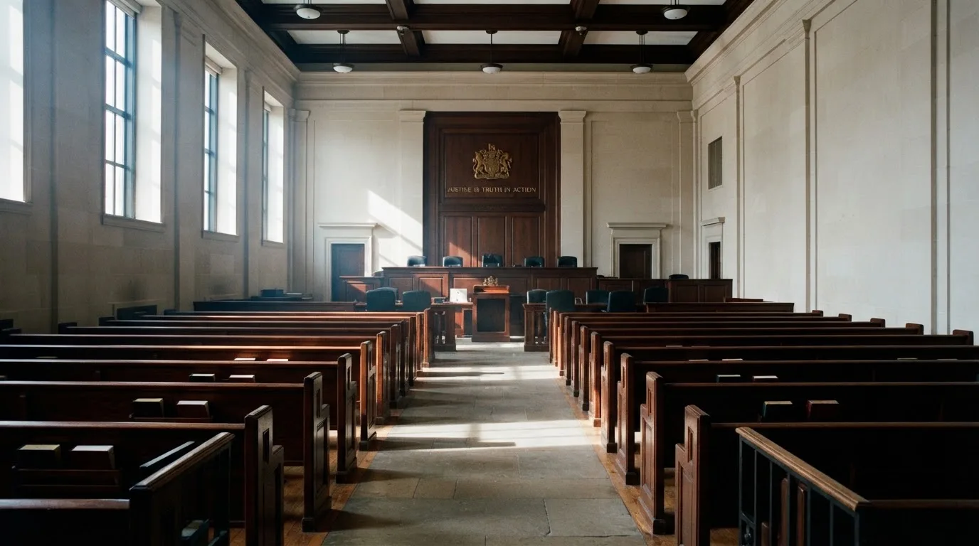 Een lege rechtszaal met houten banken in het ochtendlicht