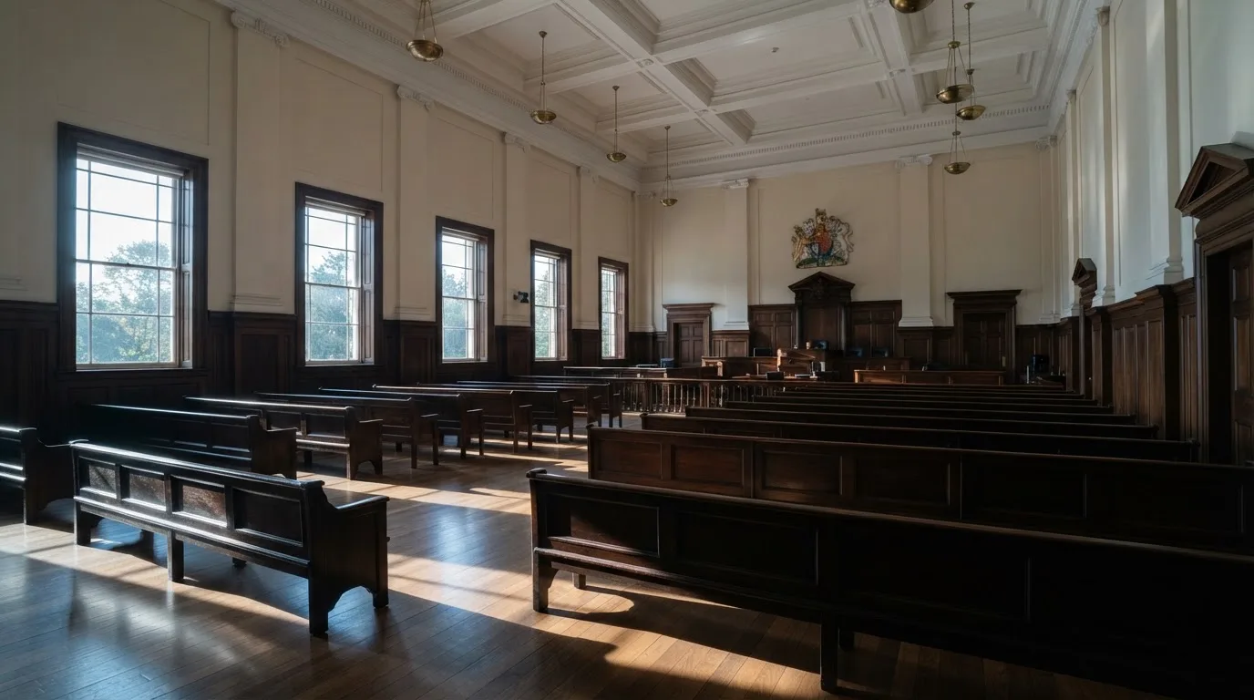 Een lege rechtszaal met houten banken in het ochtendlicht