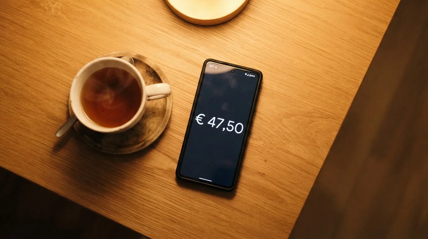 Een hand legt een smartphone naast een kopje thee op een keukentafel, een rustige avond