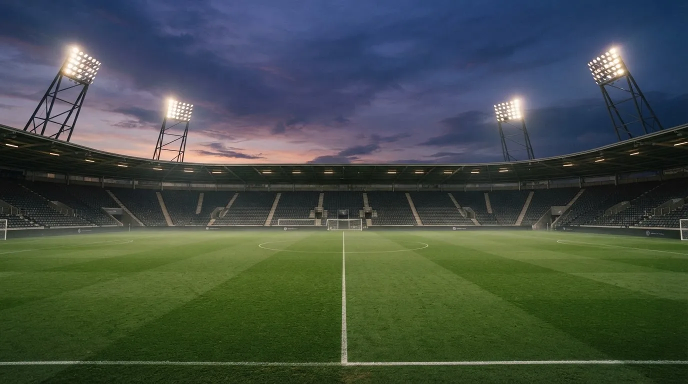 Een leeg voetbalstadion met lichtmasten bij schemering