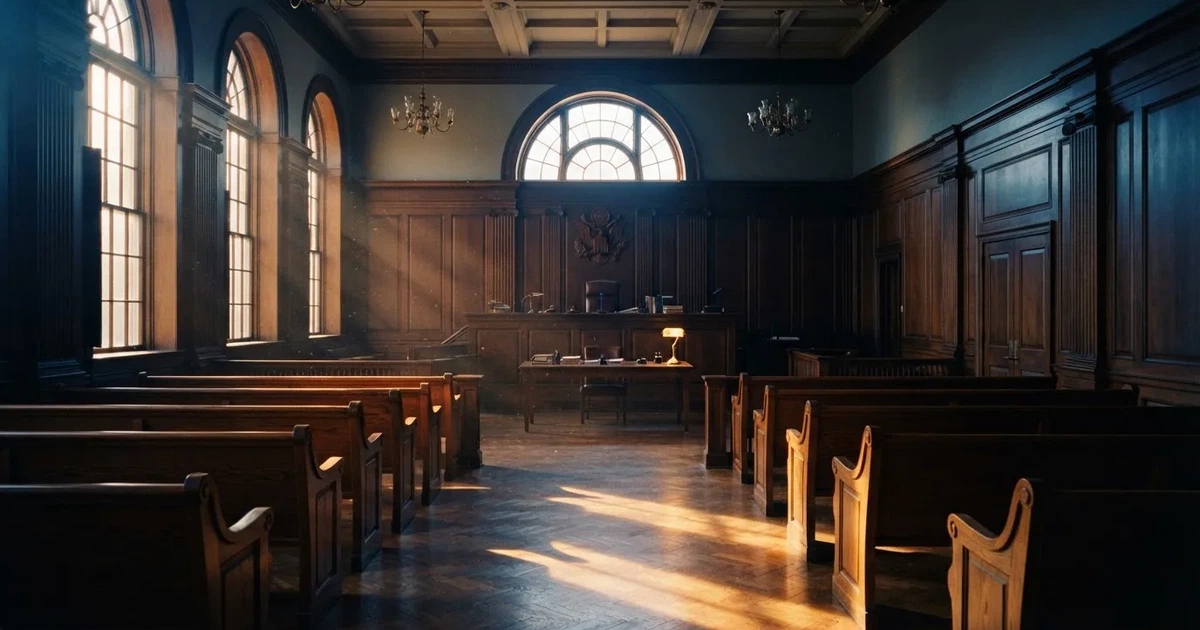 Een lege rechtszaal met houten banken in het ochtendlicht