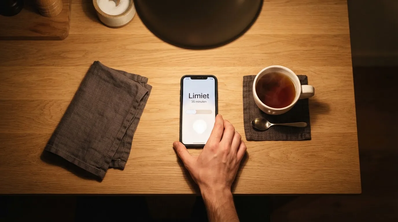 Een hand legt een smartphone naast een kopje thee op een keukentafel, een rustige avond