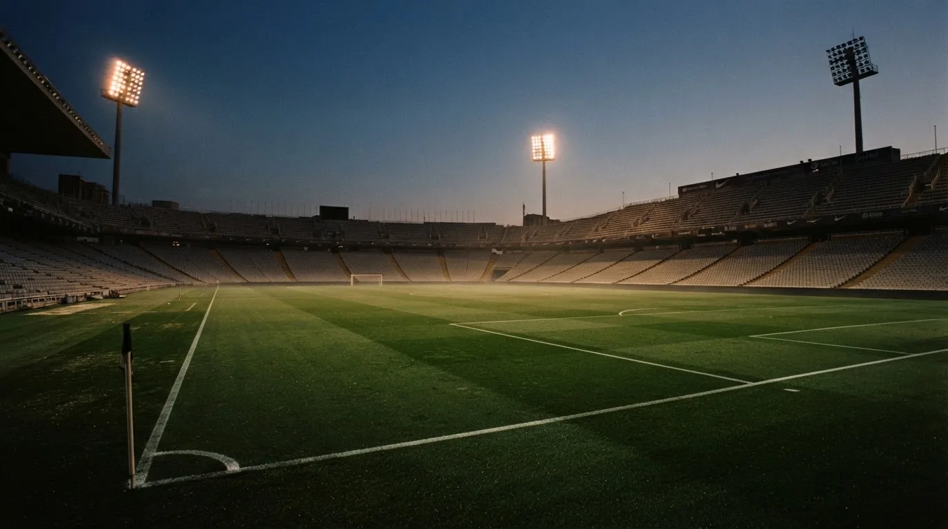 Een leeg voetbalstadion met lichtmasten bij schemering